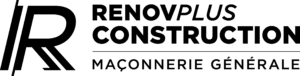 Logo RenovPlus Construction avec un R stylisé et la mention Maçonnerie Générale en noir.