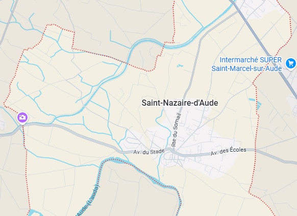 Saint-Nazaire-d'Aude : Plan et situation géographique Plan de Saint-Nazaire-d'Aude montrant la Rte du Somail, l'Av. du Stade et la proximité de Saint-Marcel-sur-Aude.